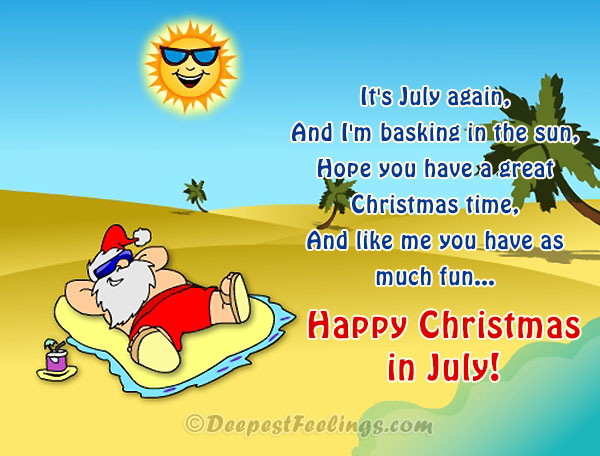 Christmas in July card themed with Santa resting in beach