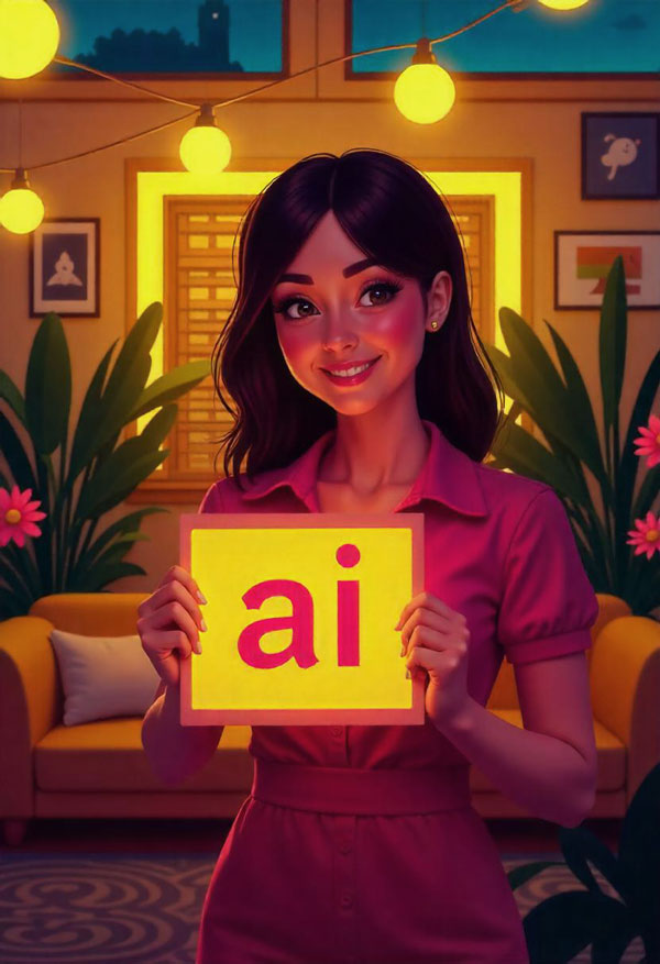 Smiling AI girlfriend in a pink dress holds a sign that says 'AI'