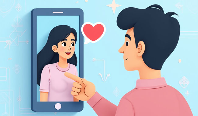 An illustration of an AI girlfriend on a smartphone screen, interacting with a man