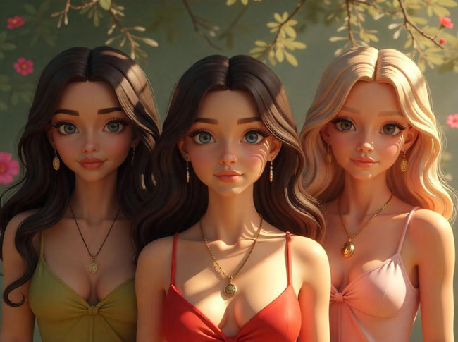Three stylized AI girl with long hair, ready to be someothers' girlfriends