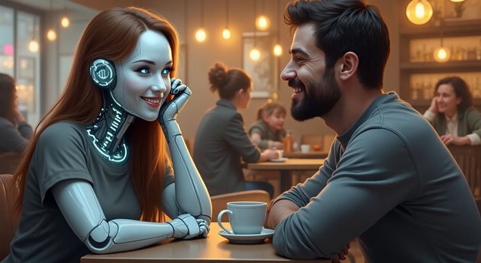 A man and an AI girlfriend are seated at a table, in a dating scenario