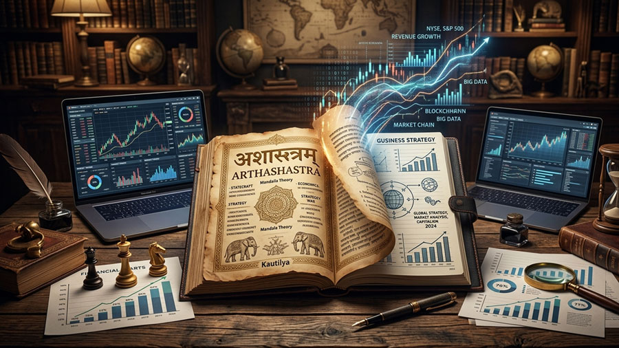 Ancient Arthashastra manuscript transforming into a modern corporate strategy notebook