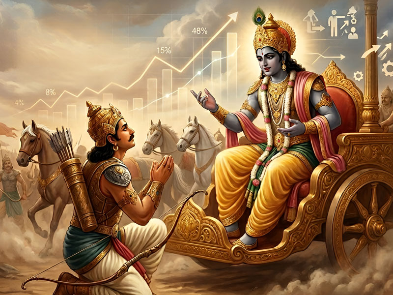 Modern corporate interpretation of Krishna guiding Arjuna in a leadership context