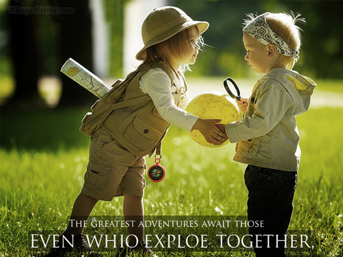 Friendship card showing children exploring the outdoors together with a map and globe.
