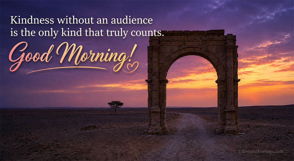 Good morning scene featuring an ancient stone archway at dawn with a quote about kindness