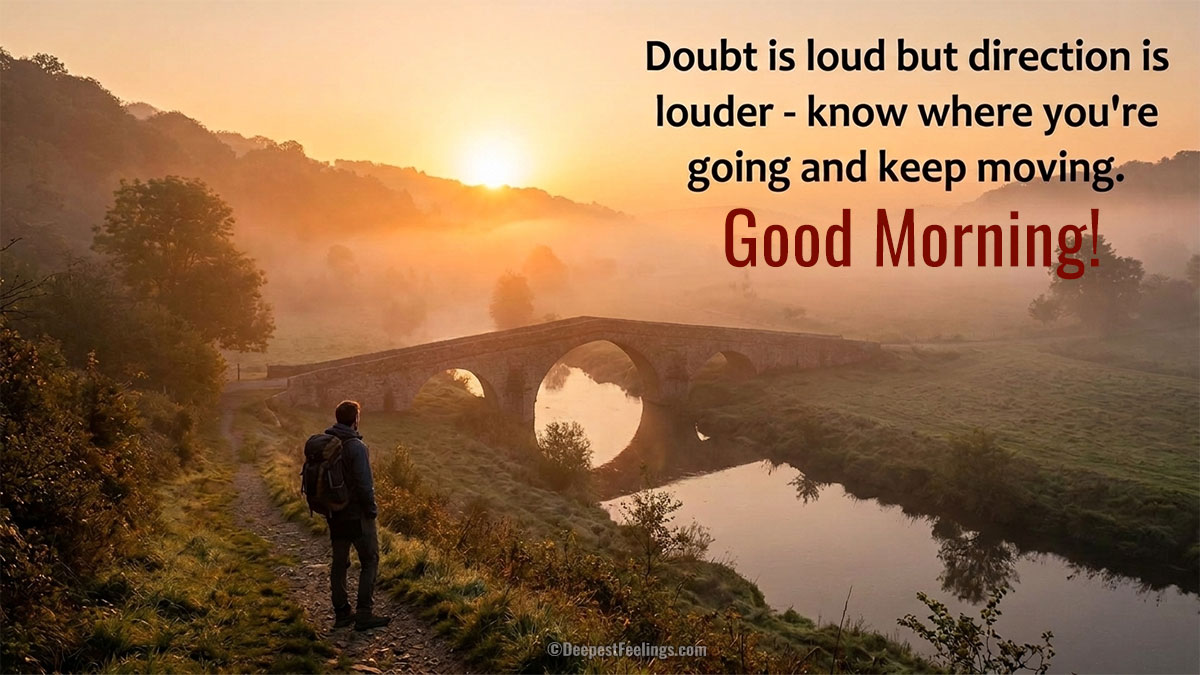 Good morning scene showing a sunrise over a valley with the quote: Doubt is loud but direction is louder