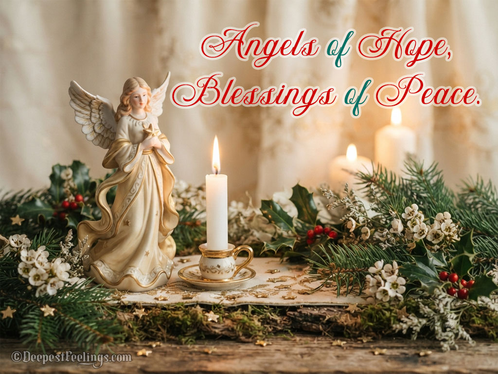 Advent greeting card with a porcelain angel beside a lit candle, holly and pine, with the words Angels of Hope, Blessings of Peace