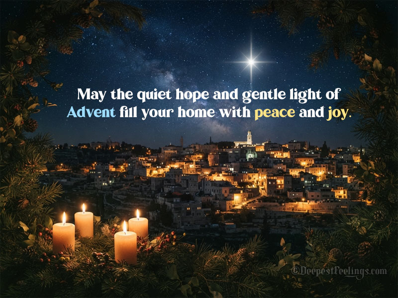 Advent greeting card showing a star-filled night sky and lit candles over a peaceful Bethlehem landscape framed by evergreen branches