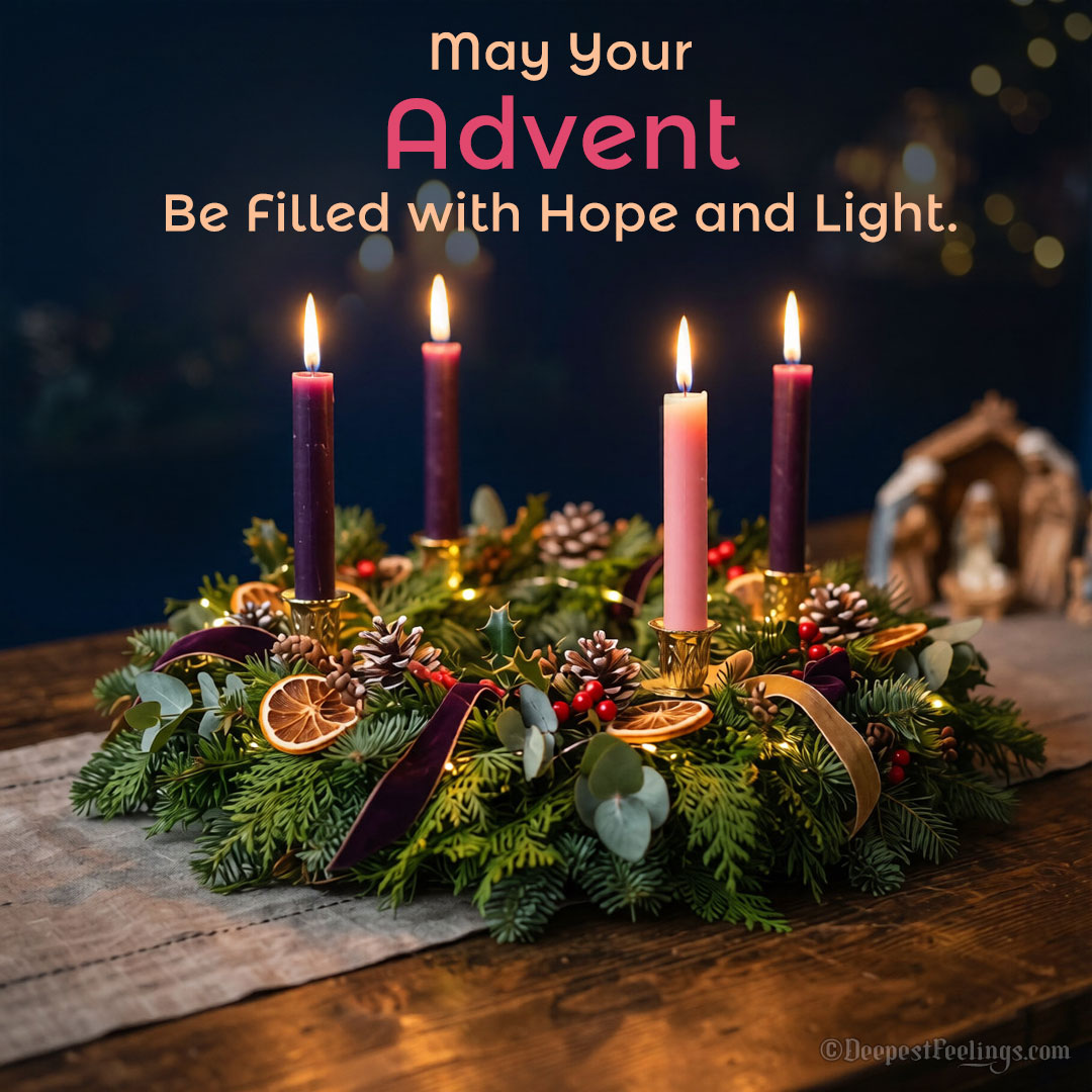 Square Advent wreath greeting card with lit candles, pinecones and dried orange slices and the wish May your Advent be filled with hope and light