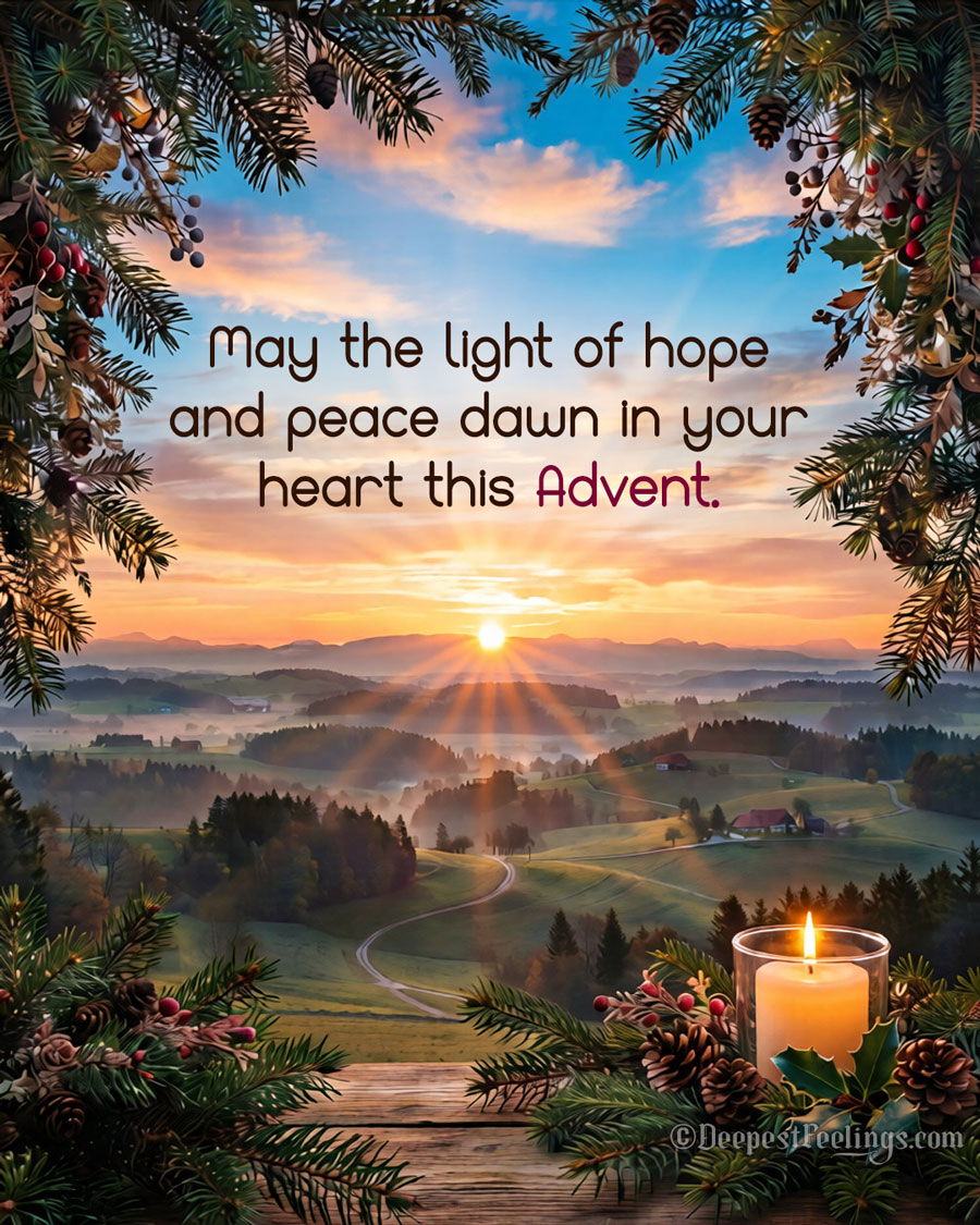 Tall Advent greeting card with a sunrise over misty hills, framed by evergreen branches and a glowing candle