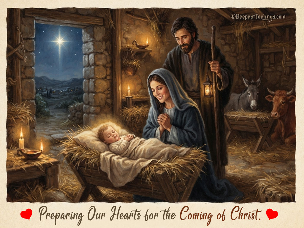 Nativity scene Advent greeting card with baby Jesus in the manger, Mary and Joseph