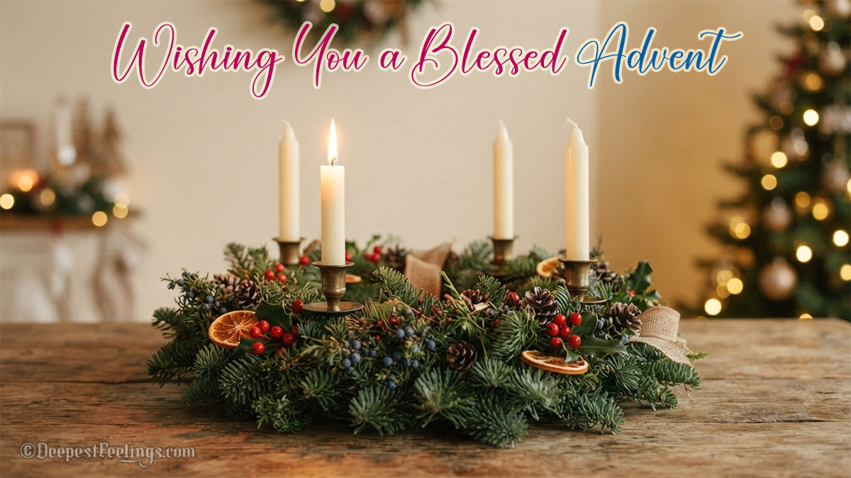 Advent greeting card featuring an Advent wreath with one lit candle on a rustic table and a Christmas tree glowing behind