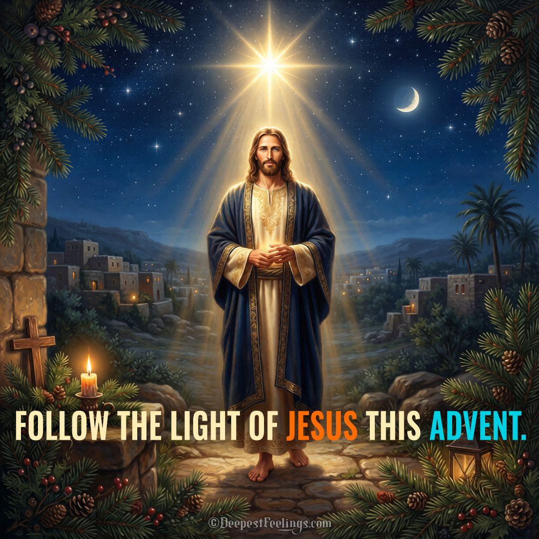 Advent greeting card illustration of Jesus on a stone path with a bright star and Bethlehem behind, framed by Advent greenery