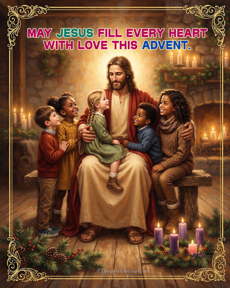 Advent greeting card illustration of Jesus surrounded by smiling children and Advent candles