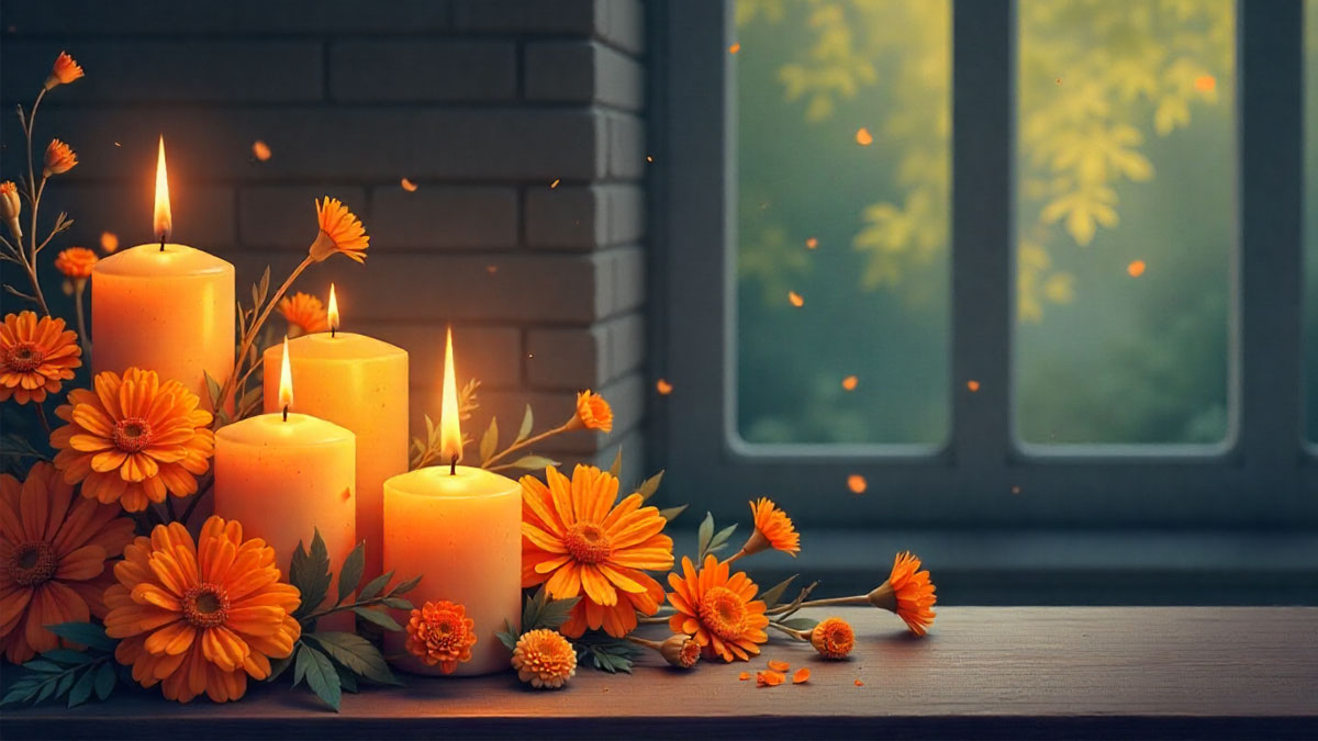 All Souls' Day greetings banner - candles and flowers