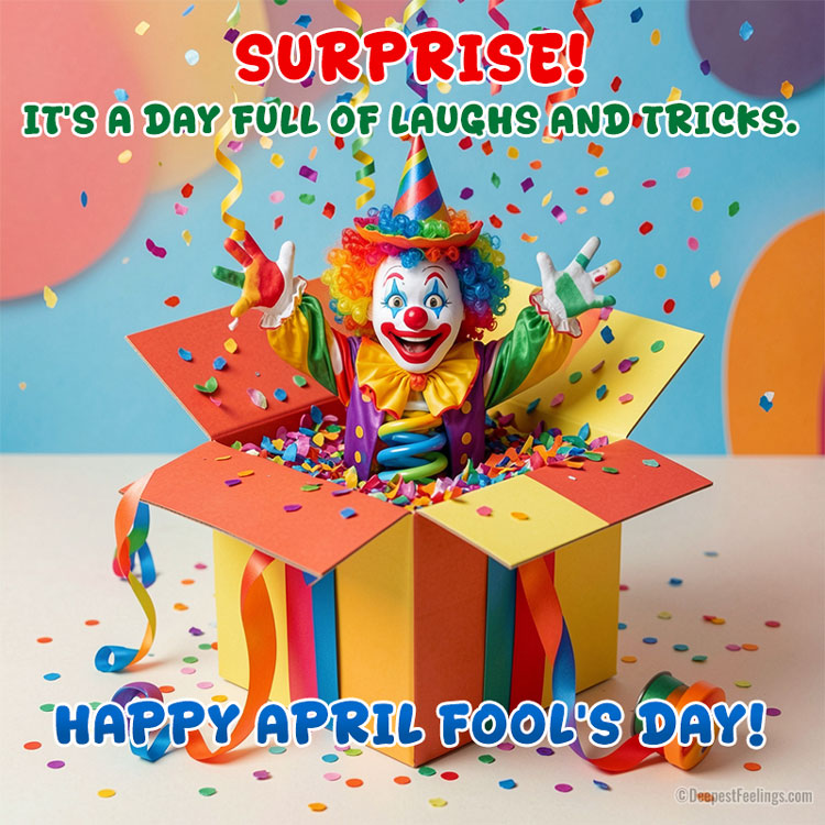 A colorful April Fool's Day card featuring a cheerful clown popping out of a gift box with confetti.