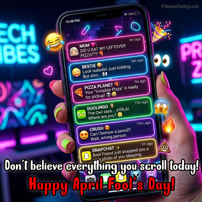 Funny April Fool's Day greeting card image with smartphone prank notifications and emojis