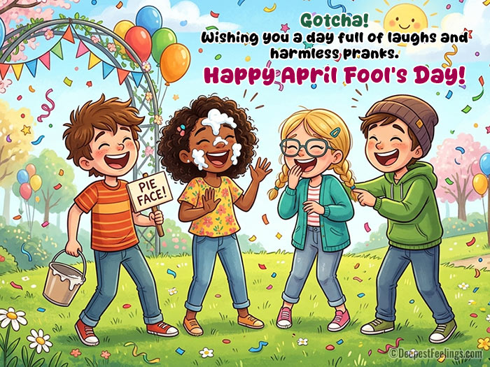 Happy April Fool's Day greeting card showing children enjoying harmless pranks