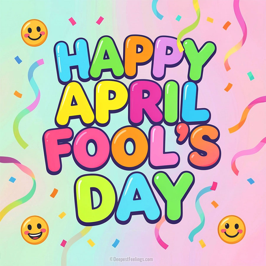 Happy April Fool's Day colorful greeting image with confetti and smiley emojis