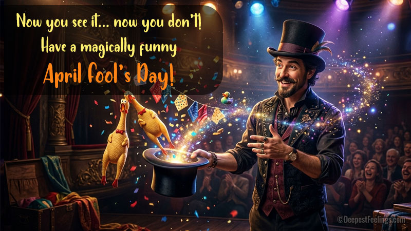 April Fool's Day magician greeting card for WhatsApp and Facebook with funny prank theme