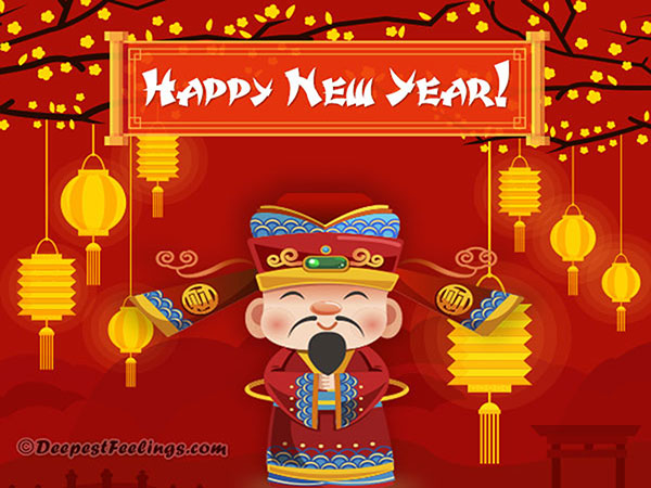Happy Chinese New Year greeting card with God of Wealth and lanterns for WhatsApp status