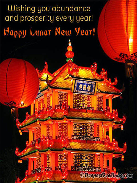 Happy Lunar New Year greeting card with red lanterns and illuminated Chinese pagoda