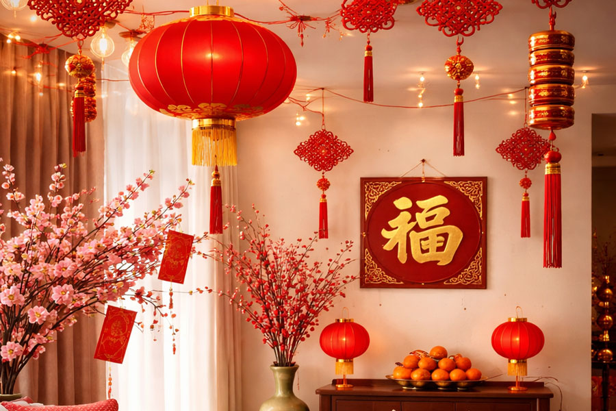 Festive Chinese New Year indoor decorations featuring red lanterns, cherry blossoms, and a gold Fu character sign.