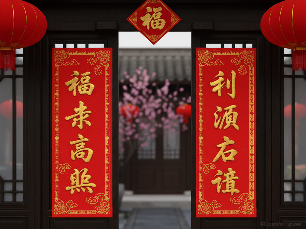 Spring couplets (春联) with auspicious messages on red paper