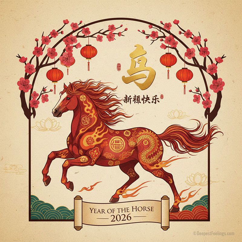 A stylized horse featuring traditional Chinese patterns and fire motifs, celebrating the 2026 Year of the Horse.