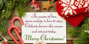 Christmas card with the wishes for the season of love, peace and joy