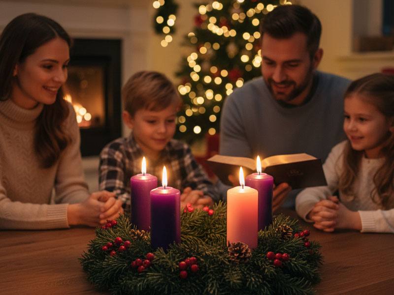 Christmas 2025 - Family celebrating Advent with wreath, candles, and book