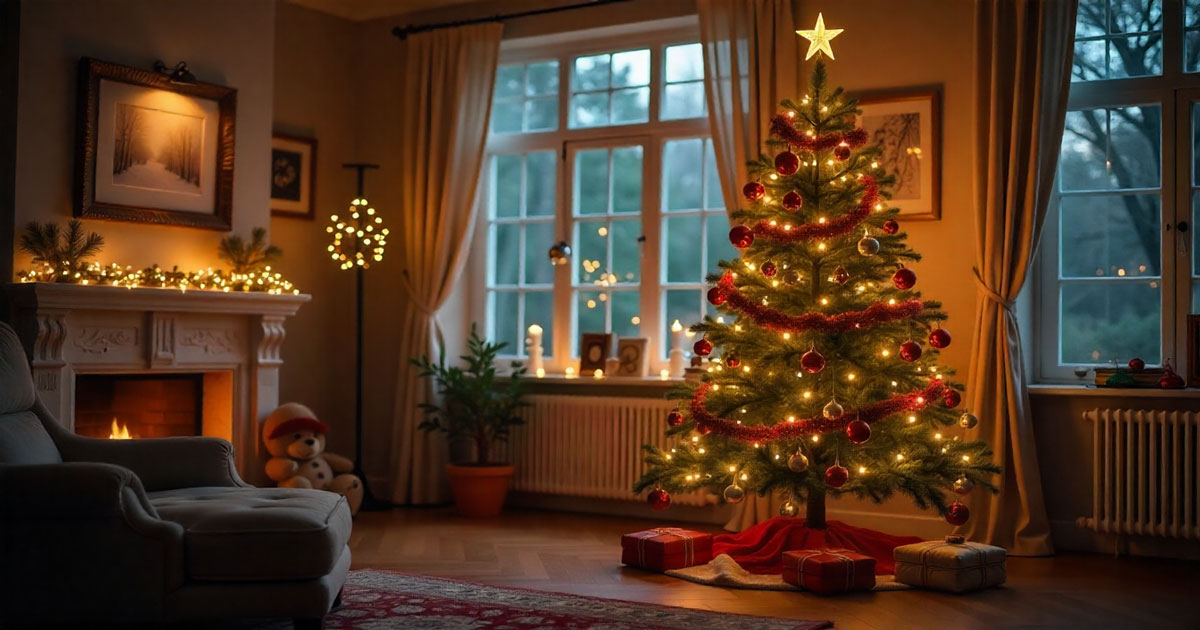Decorated Christmas tree with lights and ornaments