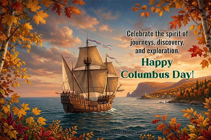 Happy Columbus Day greeting card showing a wooden sailing ship on calm water framed by golden autumn leaves