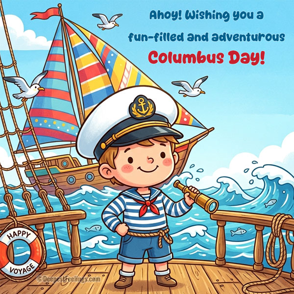 Cartoon Columbus Day card of a smiling boy in a captain's hat holding a spyglass on a ship deck with seagulls and a Happy Voyage life ring