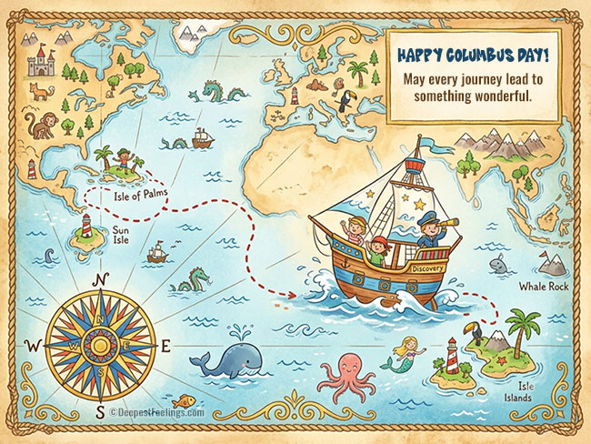Illustrated world map Columbus Day card with a ship named Discovery, a compass rose, a whale, an octopus and small islands