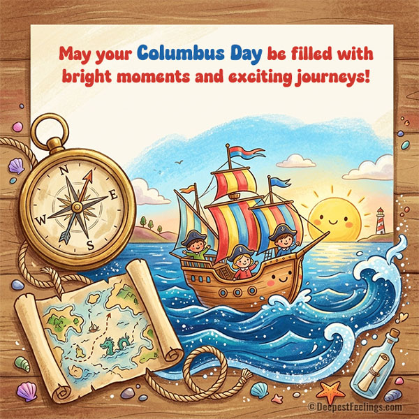 Crayon-style Columbus Day card with a brass compass, treasure map, message in a bottle and a cheerful sailing ship at sunrise