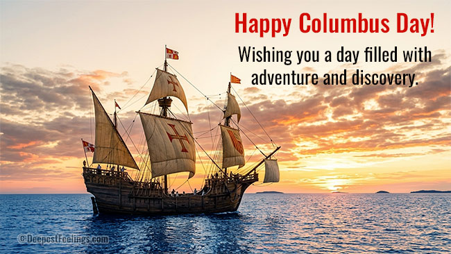 Columbus Day greeting card showing a historic caravel with red cross sails on the ocean at sunset