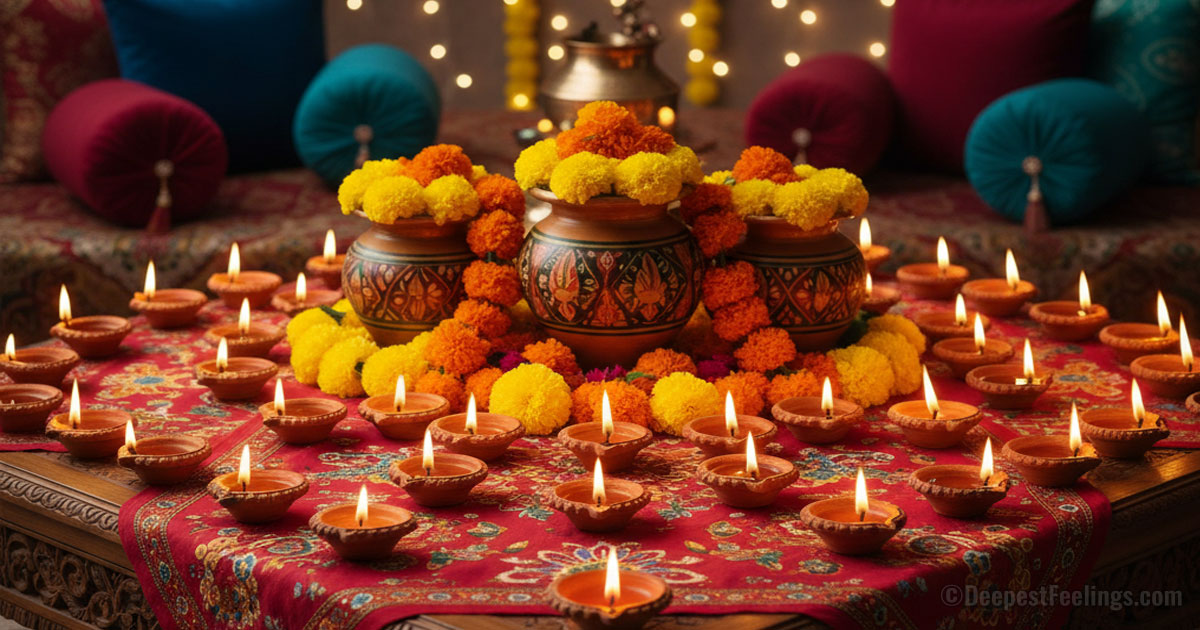 Diwali image with lit diyas and festive lights — ideal for WhatsApp