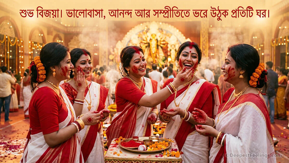 Bijoya Dashami greeting card featuring Bengali women celebrating sindoor khela in red and white sarees
