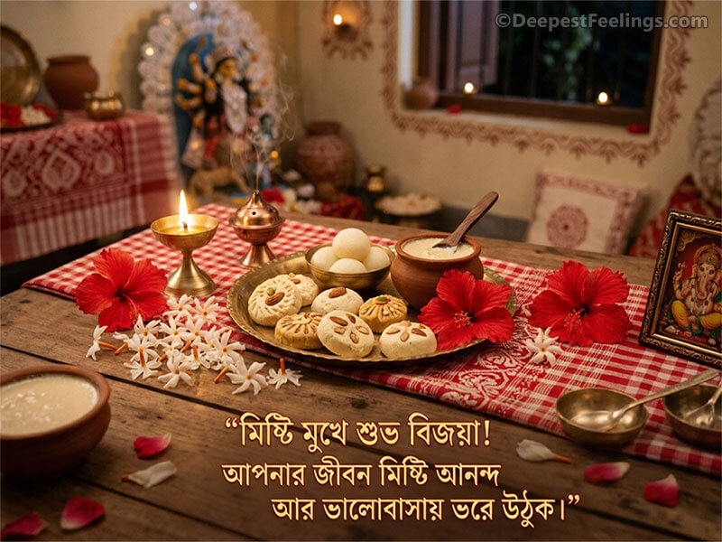 Bijoya Dashami greeting card with Bengali sweets, sandesh, roshogolla, flowers and a glowing diya