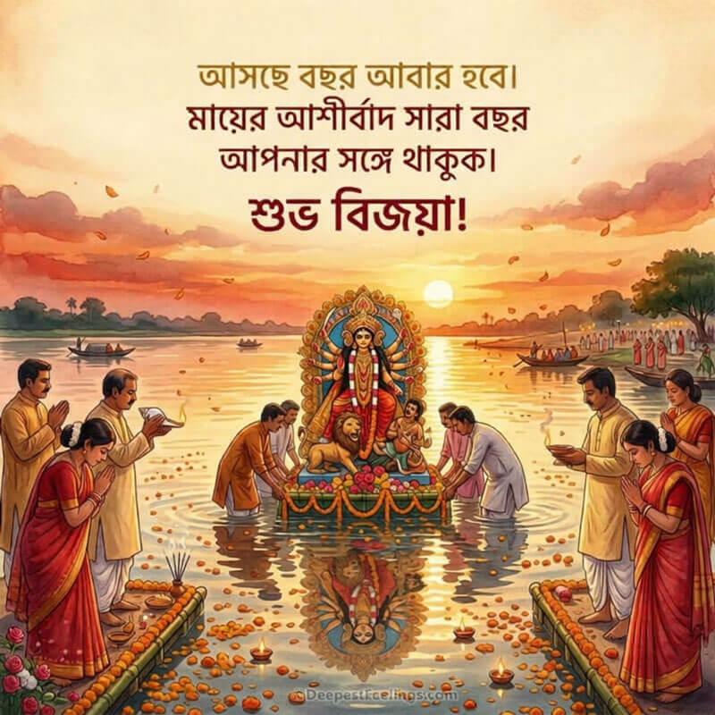 Bijoya Dashami greeting card showing Maa Durga's farewell at sunset with Bengali wishes