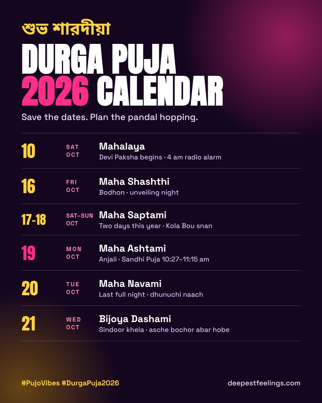 Durga Puja 2026 calendar Durga Puja 2026 calendar card listing Mahalaya 10 October, Shashthi 16, Saptami 17 and 18, Ashtami 19, Navami 20 and Bijoya Dashami 21 October