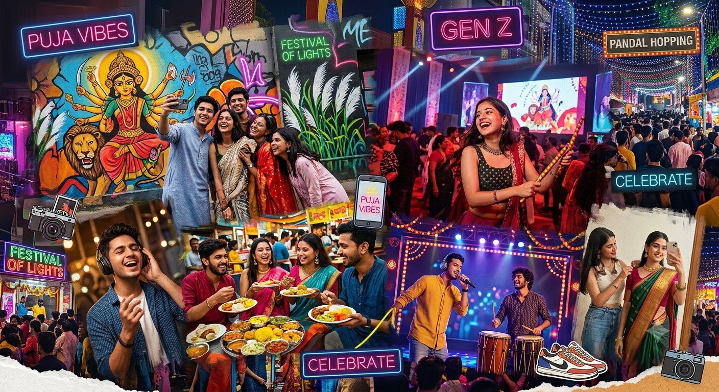 Durga Puja Gen Z pujo vibes Young people at Durga Puja taking selfies by a Maa Durga mural, dancing, singing on stage and sharing a plate of festival food under neon lights