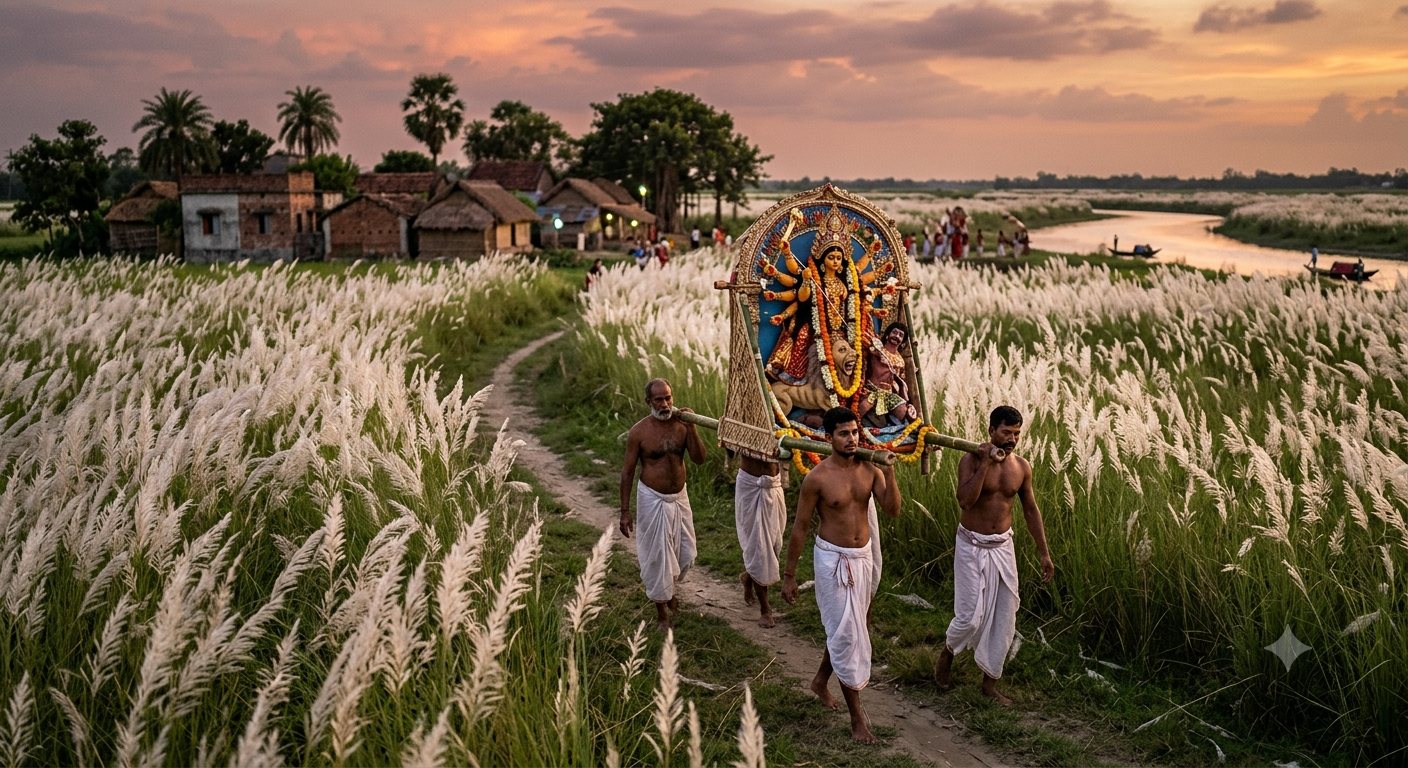 Durga idol carried through kash phool fields Men carrying a Durga idol through a field of white kash flowers in a Bengal village at sunset
