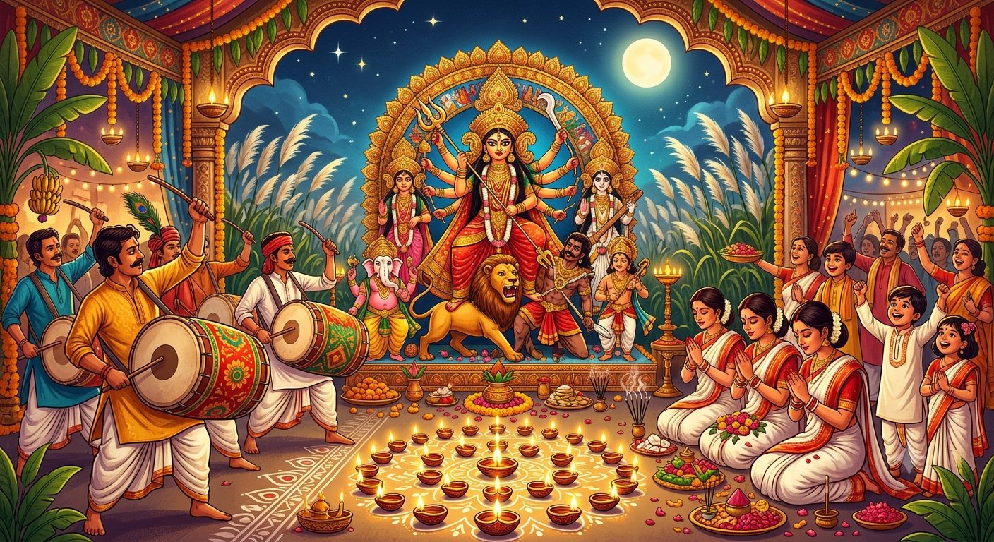 Durga Puja pandal celebration Illustration of a Durga Puja pandal with Maa Durga on her lion, dhakis drumming, women in red-and-white saris offering prayers and rows of diyas