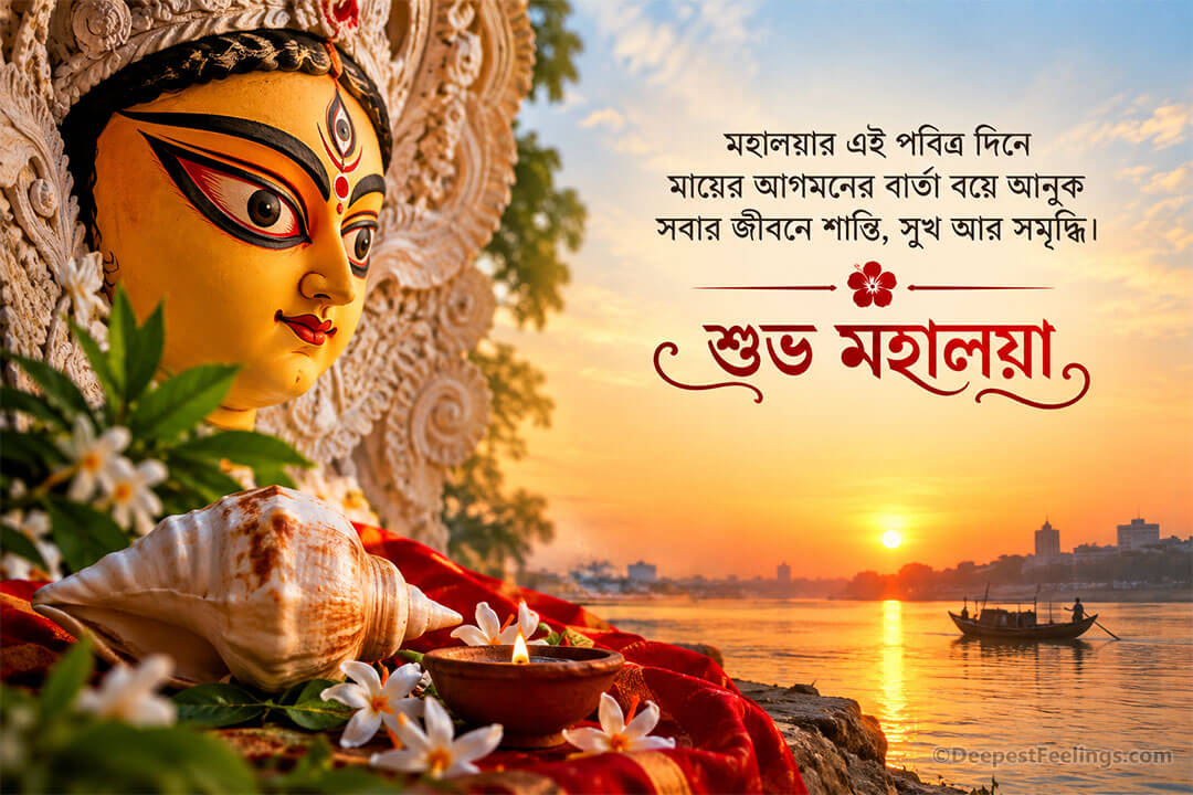 Shubho Mahalaya Bengali greeting card with Maa Durga face for WhatsApp and Facebook