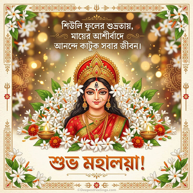Goddess Durga with white Shiuli flowers and Subho Mahalaya Bengali text greeting card