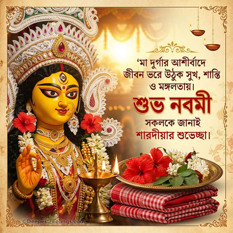 A festive Durga Puja Maha Nabami greeting card featuring an ornate yellow Goddess Durga idol, a thali of red hibiscus flowers, and Bengali text wishing for happiness and peace.