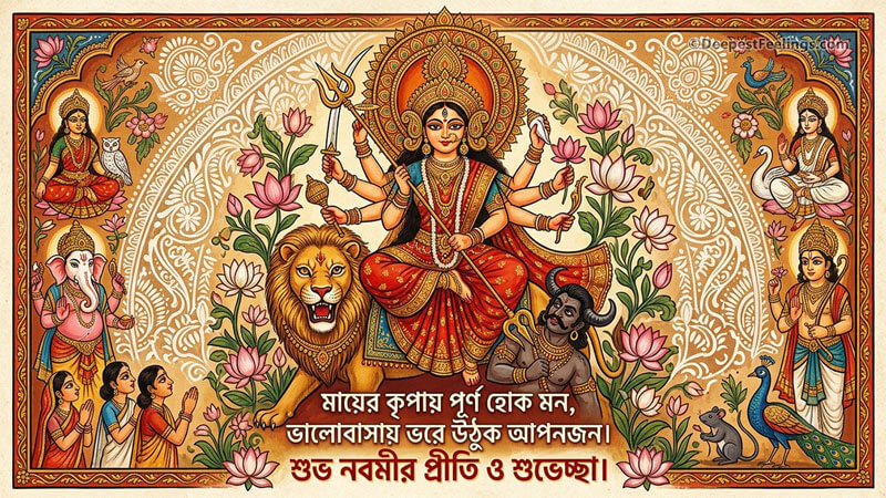 Bengali folk art illustration of Maa Durga with a golden halo and lotus flowers for Durga Puja Navami greeting card and WhatsApp wishes