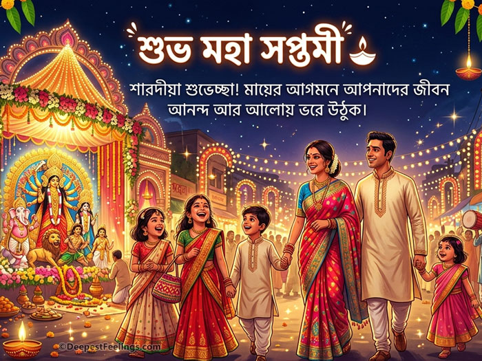 Vibrant cartoon Durga Puja Maha Saptami greeting card showing a happy family and Durga idol.